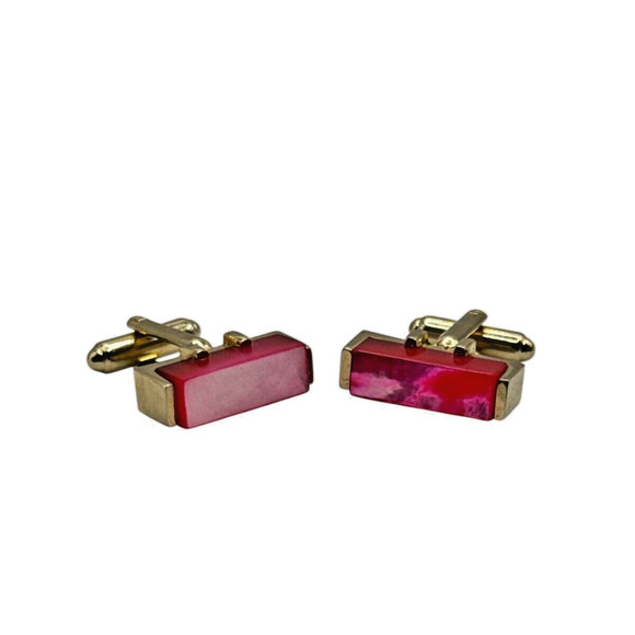 Vintage Gold Tone Glass Stone Red/Pink Rectangle Cufflinks Markers Mark "S" - Picture 6 of 7